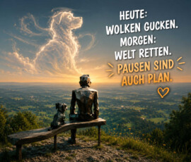 Eine kantige menschliche Figur und ein ebenso geometrisch gestalteter Hund sitzen auf einer Bank über einer weiten grünen Landschaft. Am Himmel hat eine leuchtende Wolke die Gestalt eines gewaltigen Hundes angenommen. Beide betrachten gemeinsam die friedliche Erscheinung im Abendlicht. Der Text lautet: „Heute: Wolken gucken. Morgen: Welt retten. Pausen sind auch Plan.“