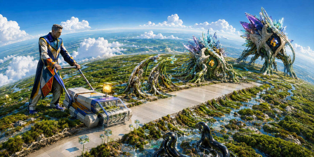 Ein elegant gekleideter Mann schiebt eine futuristische Maschine über einen gepflasterten Weg auf einer stark gekrümmten, wasserreichen Landschaft. Vor ihm wachsen zwei große Wesen aus Wurzeln, Ranken und blauvioletten Kristallen. Wolken schweben unterhalb des Horizonts, während schwarze, tentakelartige Formen aus dem Vordergrund auftauchen.