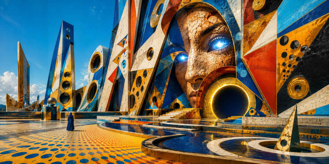 Eine gewaltige geometrische Fassade aus blauen, orangefarbenen, weißen und schwarzen Flächen erhebt sich unter klarem Himmel. In ihrer Mitte erscheint ein menschliches Gesicht mit strahlend blauen Augen. Sein weit geöffneter Mund bildet ein kreisrundes, golden leuchtendes Portal. Eine einzelne blau gekleidete Gestalt steht auf dem gemusterten Vorplatz.