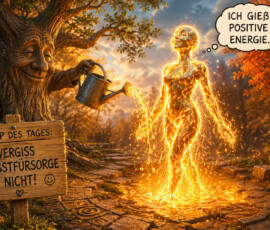 Ein alter Baum mit menschlichem Gesicht gießt eine leuchtende, menschenähnliche Gestalt mit einer Gießkanne. Die goldene Flüssigkeit lässt den gesamten Körper der Figur hell erstrahlen. Sie denkt: „Ich gieß positive Energie.“ Ein Holzschild erinnert: „Tipp des Tages: Vergiss Selbstfürsorge nicht!“