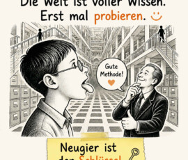 Ein Mann mit Brille streckt in einer riesigen Bibliothek neugierig die Zunge heraus, während ihm ein zweiter Mann anerkennend den Daumen zeigt. Hohe Regale, Karteikästen, Treppen und schmale Laufstege bilden einen nahezu endlosen Wissensraum. In einer Sprechblase steht: „Gute Methode!“ Der obere Text lautet: „Die Welt ist voller Wissen. Erst mal probieren“, und ein angehefteter Zettel ergänzt: „Neugier ist der Schlüssel.“