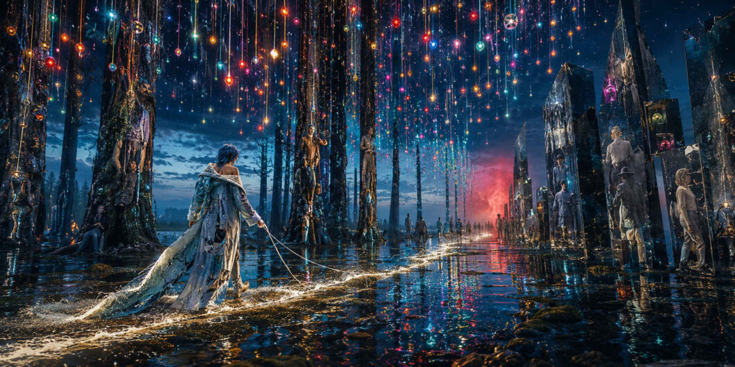 Eine weiß gekleidete Gestalt zieht leuchtende Fäden durch einen nächtlichen, überfluteten Wald. Hunderte farbige Lichtkugeln hängen wie ein Sternenregen von den Bäumen. Zwischen hohen schwarzen Steinen und darin eingeschlossenen Menschen führt ein spiegelnder Weg zu einem rötlichen Leuchten in der Ferne.