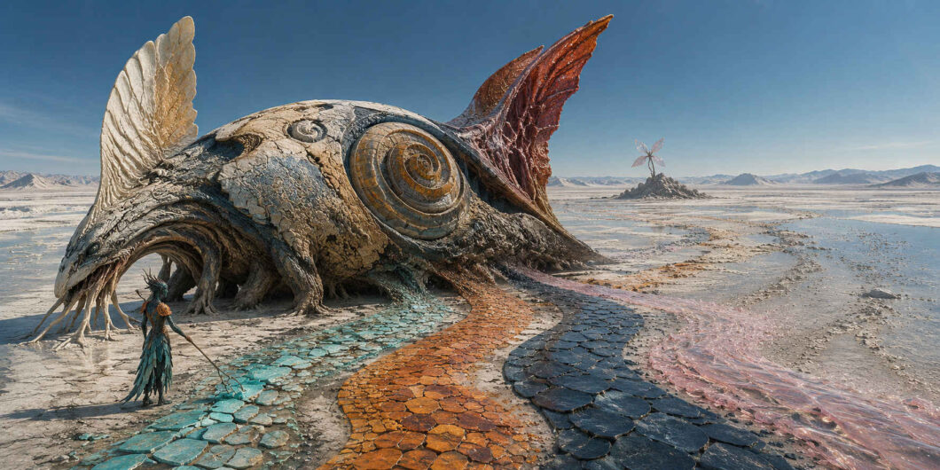 Auf einer hellen, ausgetrockneten Ebene liegt ein monumentaler Fischkörper mit großen Flossen und einer spiralförmigen Seitenkammer. Sein geöffnetes Maul bildet einen begehbaren Eingang. Vier verschiedenfarbige Wege strömen wie ausgelaufene Körperteile in die Landschaft. Eine kleine, gefiederte Gestalt steht davor; fern erhebt sich eine blütenartige Konstruktion.