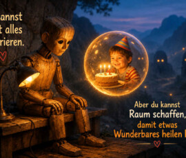 Ein nachdenklicher Holzroboter sitzt nachts auf einer Bank neben einer kleinen Lampe. Vor ihm schwebt eine leuchtende Kugel, in der ein lachendes Kind mit Geburtstagshut eine Torte mit vier Kerzen hält. Die warme Erinnerung erhellt die dunkle Landschaft und das Gesicht der Holzfigur. Der Text lautet: „Du kannst nicht alles reparieren. Aber du kannst Raum schaffen, damit etwas Wunderbares heilen kann.“