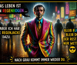 Ein ernst blickender Mann steht im strömenden Regen einer nächtlichen Stadt und trägt einen leuchtend bunten Anzug. Hinter ihm bewegen sich dunkel gekleidete Menschen zwischen zahlreichen farbigen Reklametafeln. Die Texte lauten: „Das Leben ist kein Regenbogen … aber ich hab’ die Regenjacke dazu“ und „Bleib bunt. Bleib du. Der Rest ist nur Wetter.“ Am unteren Rand steht: „Nach Grau kommt immer wieder du.“