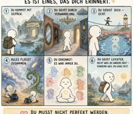 Eine schlichte weiße Figur durchläuft in sechs Bildern eine fantastische Reise durch einen Tempel, einen Spiegelgang, eine Wasserlandschaft und eine märchenhafte Natur. Die Stationen lauten: „Du kommst mit Gepäck“, „Du gehst durch Verwandlung“ und „Du siehst dich – echt.“ Danach folgen „Alles fliesst zusammen“, „Du erkennst: Es war immer du“ und „Du gehst leichter, nicht weil du anders bist – sondern weil du ganz bist.“ Über der Bilderfolge steht: „Das Leben ist kein Spa, das dich repariert. Es ist eines, das dich erinnert“, und darunter: „Du musst nicht perfekt werden. Du musst dich nur ganz erlauben.“
