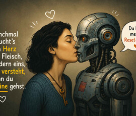 Eine Frau küsst einen großen humanoiden Roboter mit sichtbaren Metallplatten, Kabeln und orangefarbenem Auge. Um beide sind kleine Herzen gezeichnet, und die Frau trägt einen goldenen Schlüssel als Anhänger. Der Roboter sagt: „Du bist meine Reset-Taste.“ Daneben steht: „Manchmal braucht’s kein Herz aus Fleisch, sondern eins, das versteht, wenn du offline gehst.“