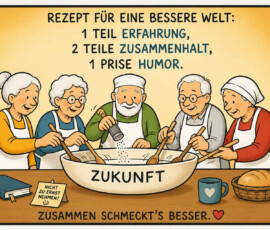 Fünf ältere Menschen mit Schürzen rühren gemeinsam in einer großen Schüssel mit der Aufschrift „Zukunft“. Das Rezept darüber verlangt einen Teil Erfahrung, zwei Teile Zusammenhalt und eine Prise Humor. Auf dem Tisch stehen außerdem ein Buch, Brot, eine Tasse und ein Hinweis mit der Aufschrift: „Nicht zu ernst nehmen!“ Unten fasst der Satz „Zusammen schmeckt’s besser“ die Botschaft zusammen.