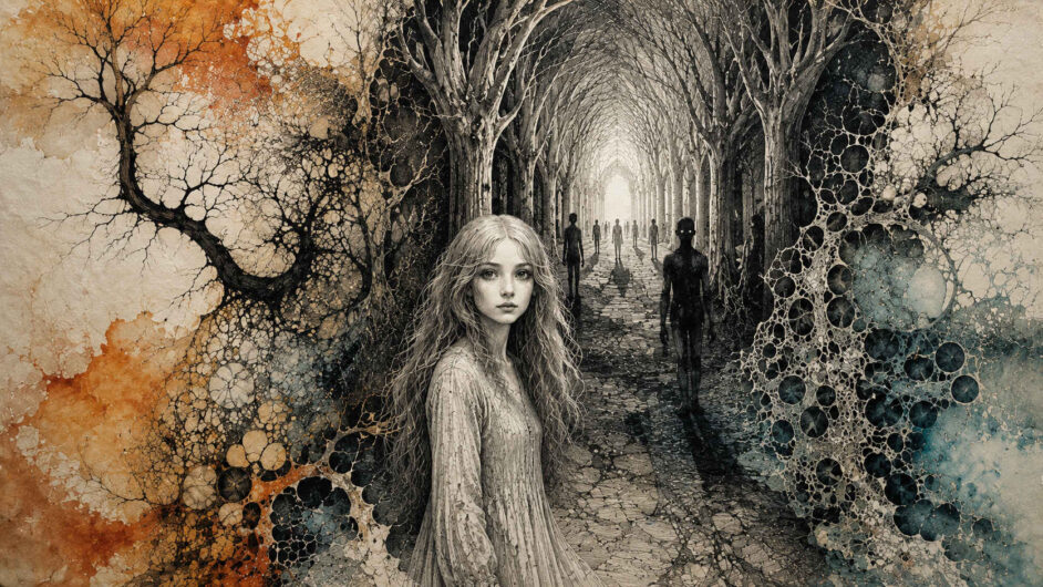 Ein Mädchen mit langen hellen Haaren steht vor einem tunnelartigen Waldweg und blickt aus dem Bild heraus. Hinter ihr nähern sich schwarze menschliche Silhouetten aus der hellen Tiefe. Baumstämme, Wurzeln und blasenartige Strukturen zerfließen an den Rändern zu abstrakten Mustern. Gedämpftes Orange und Blau durchbrechen die überwiegend schwarzweiße Zeichnung.