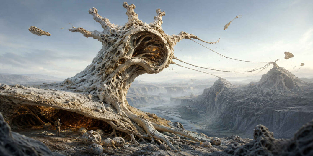 Eine gewaltige helle Lebensform erhebt sich aus einer kargen, tief eingeschnittenen Landschaft. Ihr durchlöcherter Körper ähnelt zugleich einem Baum, einem Tierkopf und einer Höhle, in deren Innerem goldene Strukturen glimmen. Lange Fäden verbinden sie mit entfernten Hügelwesen. Ein einzelner Mensch steht unter ihrem ausladenden Körper zwischen porösen Kugeln.