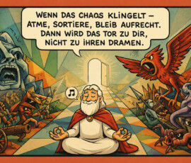 Ein älterer Mann sitzt meditierend auf einem vielfarbigen Weg, der zu einer hell leuchtenden Tür führt. Zu beiden Seiten bedrängen ihn schreiende Gesichter, kämpfende Wesen, Kanonen, ein roter Vogel und weitere chaotische Gestalten. Der Mann bleibt mit geschlossenen Augen gelassen und scheint dabei eine Melodie zu summen. Über ihm steht: „Wenn das Chaos klingelt – atme, sortiere, bleib aufrecht. Dann wird das Tor zu dir, nicht zu ihren Dramen.“