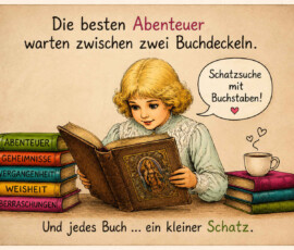 Ein blondes Mädchen liest aufmerksam in einem reich verzierten alten Buch. Neben ihr liegen Bücher mit den Aufschriften „Abenteuer“, „Geheimnisse“, „Vergangenheit“, „Weisheit“ und „Überraschungen“. Das Mädchen nennt das Lesen eine „Schatzsuche mit Buchstaben“. Darüber und darunter steht: „Die besten Abenteuer warten zwischen zwei Buchdeckeln.“ und „Und jedes Buch … ein kleiner Schatz.“