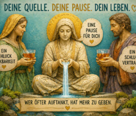 Eine sitzende steinerne Frau lässt aus ihren Händen einen kleinen Wasserfall strömen. Zwei weitere Figuren stehen mit gefüllten Gläsern an ihrer Seite und sprechen von „einem Schluck Dankbarkeit“ und „einem Schluck Vertrauen“. In der Mitte heißt es: „Eine Pause für dich.“ Darüber steht: „Deine Quelle. Deine Pause. Dein Leben.“ Das Fazit lautet: „Wer öfter auftankt, hat mehr zu geben.“