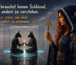 Eine rothaarige Frau in einem reich verzierten blauen Gewand hält einen großen goldenen Schlüssel. Vor ihr sitzen zwei schwarze, hundeköpfige Gestalten spiegelbildlich in einem gläsernen Würfel und berühren einander an einer leuchtenden Stelle. Die stille Szene spielt auf Verstehen, Spiegelung und Selbsterkenntnis an. Der Text lautet: „Du brauchst keinen Schlüssel, um andere zu verstehen. Nur einen, um dich selbst zu erkennen.“