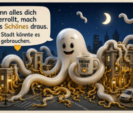 Ein riesiges freundliches Wesen mit zahlreichen weißen und goldenen Tentakeln breitet sich zwischen nächtlichen Häusern und Straßen aus. Es hält eine Tasse mit der Aufschrift „Meine Idee“, während seine Arme Gebäude, Laternen und ein Auto umschlingen. In der Sprechblase steht: „Wenn alles dich überrollt, mach was Schönes draus. Die Stadt könnte es gebrauchen.“ Die eigenwillige Idee verwandelt das Überwältigende in eine verspielte Stadtgestaltung.