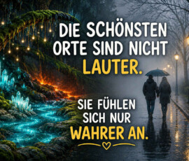 Ein Paar geht Hand in Hand und unter einem Regenschirm durch einen nebligen Park mit leuchtenden Laternen. Links verwandelt sich der Weg in einen magischen Wald mit blau glühendem Wasser, Kristallen, Moos und kleinen Lichtern. Beide Seiten der Szene strahlen trotz ihrer Dunkelheit Ruhe und Geborgenheit aus. Der Text lautet: „Die schönsten Orte sind nicht lauter. Sie fühlen sich nur wahrer an.“