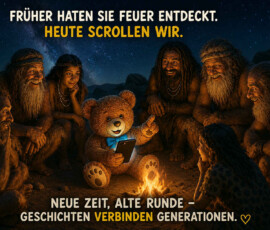 Eine Gruppe von Steinzeitmenschen sitzt nachts um ein Lagerfeuer und lauscht einem Teddybären. Dieser hält ein Smartphone in der Hand und scheint den anderen eine Geschichte zu erzählen. Die ungewöhnliche Runde verbindet uraltes Erzählen mit moderner Technik. Darüber steht: „Früher hatten sie Feuer entdeckt. Heute scrollen wir.“ Unten heißt es: „Neue Zeit, alte Runde – Geschichten verbinden Generationen.“