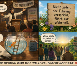 Eine vierteilige Bildergeschichte beginnt mit einem selbst ernannten Wahrheitsverkünder, der vor den „Erleuchteten“ behauptet: „Ich habe die Wahrheit!“ Daneben warnt ein sonniges Schild: „Nicht jeder, der Führung verspricht, führt zur Wahrheit.“ Ein Goldfisch vor einer Leiter fordert „Frage weiter“, während ein Notizbuch „Vertrau deinem Verstand“ und eine Tasse „Zweifel rettet“ verkünden. Im letzten Bild gehen Menschen zu Wegweisern für „Wahrheit“, „Verantwortung“ und „Freiheit“, begleitet von den Worten: „Wahre Stärke ist, selbst zu denken.“ Darunter steht: „Erleuchtung kommt nicht von außen – sondern wächst in dir.“
