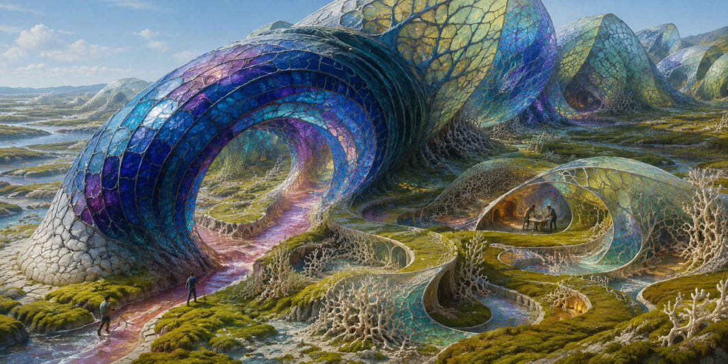 Große gewölbte Gebäude mit durchscheinenden Häuten erheben sich aus einer moosbewachsenen Wasserlandschaft. Ihre Oberflächen schimmern blau, violett, gelb und grün und sind von dunklen Adern überzogen. Geschwungene Wege führen durch offene Tunnel und kleinere netzartige Räume. Mehrere Menschen bewegen sich zwischen den organischen Häusern oder sitzen gemeinsam in einem beleuchteten Innenraum.