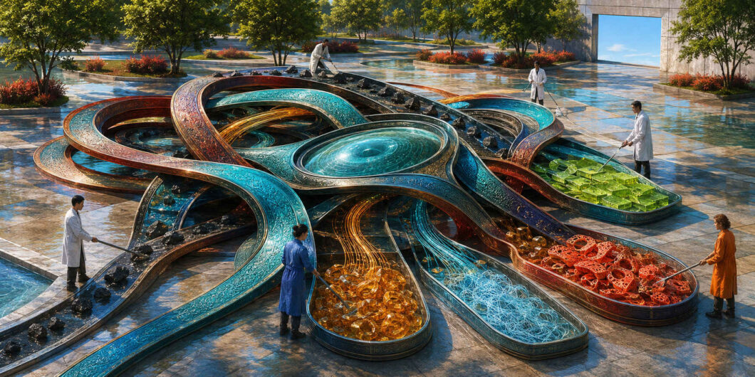 Auf einem sonnigen, von Bäumen gesäumten Platz verschlingen sich breite, verzierte Metallbahnen um ein türkisfarbenes Wasserbecken. Menschen in weißen, blauen und orangefarbenen Kitteln bearbeiten mit langen Stangen die Inhalte der auslaufenden Mulden: schwarze Steine, goldene Ringe, blaue Fäden, rote Gitterformen und grüne transparente Blöcke.