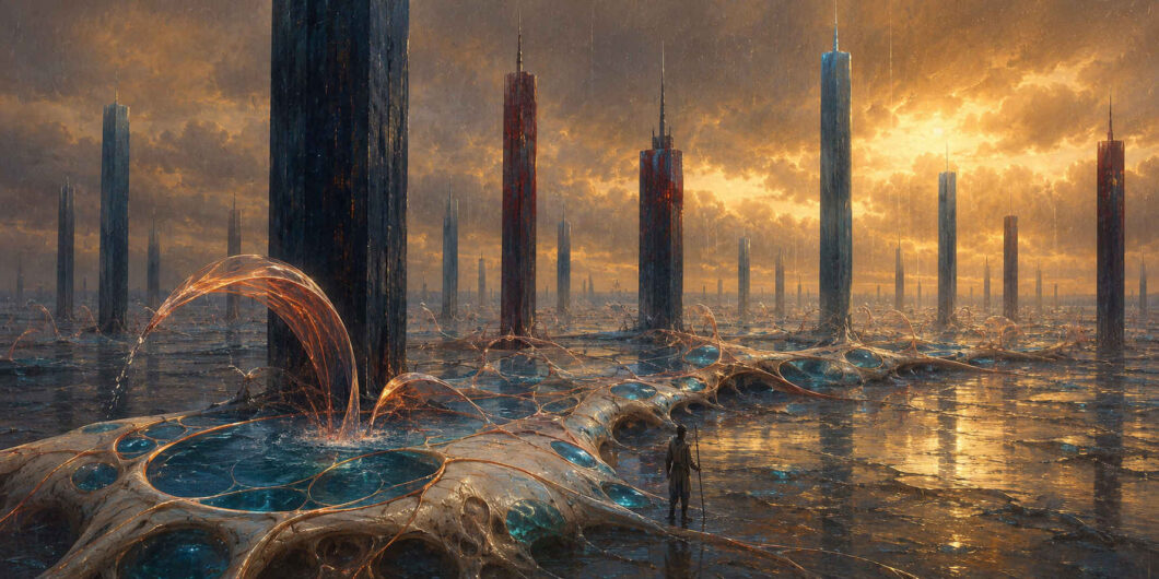 Zwischen schwarzen, turmhohen Monolithen erstreckt sich eine organische Plattform mit zahlreichen blauen Wasserbecken, die durch goldene Adern verbunden sind. Ein gläserner Bogen lässt Wasser herabströmen, während eine einzelne Gestalt mit einem Stab danebensteht. Regenwolken und warmes Abendlicht spiegeln sich in der überfluteten Stadtlandschaft.