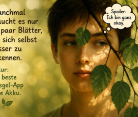 Das Gesicht eines jungen Menschen erscheint zwischen grünen Blättern, deren Schatten über Augen und Wangen fallen. Der ruhige Blick richtet sich unmittelbar auf die Betrachtenden. Eine Gedankenblase verrät: „Spoiler: Ich bin ganz okay.“ Links steht: „Manchmal braucht es nur ein paar Blätter, um sich selbst besser zu erkennen. Natur: Die beste Spiegel-App ohne Akku.“