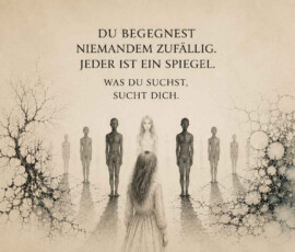 Eine junge Frau im hellen Kleid steht mit dem Rücken zum Betrachter vor einer Reihe menschlicher Gestalten. In der Mitte blickt ihr eine ähnlich aussehende Frau entgegen, während dunkle und blasse Figuren symmetrisch in den Hintergrund führen. Verzweigte organische Muster wachsen von beiden Bildrändern in die helle, beinahe leere Umgebung. Darüber steht: „Du begegnest niemandem zufällig. Jeder ist ein Spiegel. Was du suchst, sucht dich.“