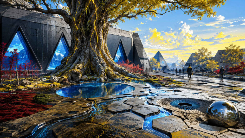 Ein riesiger alter Baum wächst mitten in einer futuristischen Stadt aus dunklen, pyramidenförmigen Gebäuden. Gelbe Lichtadern durchziehen seinen Stamm und setzen sich in einem rissigen Platz mit Wasserläufen fort. Blaue Fenster zeigen fremdartige Landschaften im Inneren der Häuser. Menschen gehen zwischen roten Pflanzen, spiegelnden Kugeln und geometrischen Öffnungen entlang.