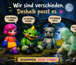 Vier sehr unterschiedliche Fantasiegestalten sitzen nachts gemeinsam an einem Bach. Eine bunte Figur bringt Farbe, ein grünes Wesen Kraft, eine steinerne Gestalt Tiefe und eine durchsichtige Figur Ruhe. Über ihnen steht: „Wir sind verschieden. Deshalb passt es.“ Der abschließende Bildtext lautet: „Zusammen: echt stark!“