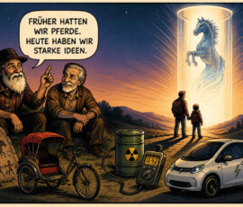 Zwei ältere Männer sitzen bei Sonnenuntergang neben einer Rikscha und sprechen über den technischen Fortschritt. Vor ihnen stehen ein radioaktives Fass, ein Messgerät und ein kleines Elektroauto, während ein Mann und ein Kind ein leuchtendes Pferd in einer Lichtsäule betrachten. Einer der Männer sagt: „Früher hatten wir Pferde. Heute haben wir starke Ideen.“ Die Szene verbindet frühere Fortbewegung, problematische Energiequellen und mögliche Technologien der Zukunft.