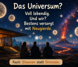 Drei Menschen sitzen vor einem modernen Haus und blicken über eine fremdartige Welt mit Vulkan, Lavaflüssen und blauen Kristallformationen. Am Sternenhimmel schweben zahlreiche leuchtende Kugeln, während eine farbige kosmische Wolke über dem Vulkan aufsteigt. Die Bildunterschrift fragt: „Das Universum? Voll lebendig. Und wir? Bestens versorgt mit Neugierde.“ Das Fazit lautet: „Staunen statt stressen.“