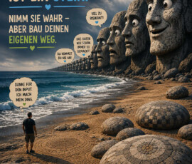 Ein Mann wandert an einem Strand entlang, der von einer scheinbar endlosen Reihe riesiger Steinköpfe gesäumt wird. Die Köpfe kommentieren seinen Weg mit Sätzen wie „Da kommst du nie an!“, „Das haben wir schon immer so gemacht!“ und „Viel zu riskant!“ Der vorderste Kopf findet dagegen: „Interessanter Blick!“ Der Wanderer denkt: „Danke für den Input. Ich mach mein Ding.“ Darüber steht: „Jede Meinung ist ein Stein. Nimm sie wahr – aber bau deinen eigenen Weg.“