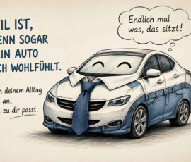 Ein weißes Auto trägt ein Hemd aus lackiertem Blech, einen breiten Gürtel aus Jeansstoff und eine große blaue Krawatte. Geschlossene Augen auf der Windschutzscheibe lassen es zufrieden und entspannt wirken. Das Auto denkt: „Endlich mal was, das sitzt!“ Die Bildtexte lauten: „Stil ist, wenn sogar dein Auto sich wohlfühlt.“ und „Zieh deinem Alltag das an, was zu dir passt.“