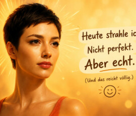 Eine kurzhaarige Frau blickt ruhig vor einem leuchtend orangefarbenen Hintergrund in die Ferne. Helle Strahlen und kleine Sterne umgeben ihren Kopf wie eine moderne Aureole. Das warme Licht unterstreicht die selbstbewusste, ungekünstelte Ausstrahlung. Der Text lautet: „Heute strahle ich. Nicht perfekt. Aber echt. Und das reicht völlig.“