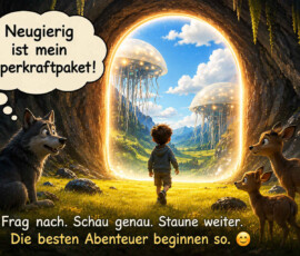Ein Kind geht aus einer dunklen Höhle auf ein golden leuchtendes Portal zu, hinter dem eine sonnige Landschaft mit riesigen schwebenden Quallenwesen liegt. Ein Wolf sowie zwei junge Rehe beobachten seinen mutigen Aufbruch. Der Wolf denkt: „Neugierig ist mein Superkraftpaket!“ Darunter steht: „Frag nach. Schau genau. Staune weiter. Die besten Abenteuer beginnen so.“