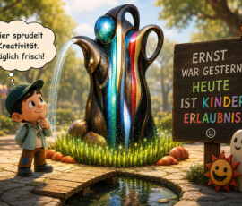 Ein Junge betrachtet in einem sonnigen Park einen fantasievollen Brunnen aus geschwungenen Röhren, durch die Wasser und farbiges Licht fließen. Neben dem Brunnen stehen zwei kleine lächelnde Fantasiefiguren, und auf einem Schild sitzt ein Schmetterling. Der Junge denkt: „Hier sprudelt Kreativität. Täglich frisch!“ Das Schild erklärt: „Ernst war gestern. Heute ist Kinder-Erlaubnis.“