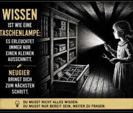 Ein Mädchen steht mit einer Taschenlampe und einem Schraubenschlüssel in einem dunklen Raum voller Bücherregale und Schubladen. Der Lichtkegel beleuchtet nur einen kleinen Teil der verborgenen Gegenstände. Links steht: „Wissen ist wie eine Taschenlampe: Es erleuchtet immer nur einen kleinen Ausschnitt.“ Darunter folgt: „Neugier bringt dich zum nächsten Schritt. Du musst nicht alles wissen. Du musst nur bereit sein, weiter zu fragen.“