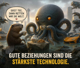 Ein riesiger freundlicher Oktopus und ein Biber trinken gemeinsam Tee in einer überfluteten futuristischen Stadt. Zwischen ihnen stehen eine geblümte Teekanne und ein Teller mit Keksen, während Roboter, Einsatzfahrzeuge und ein Sportwagen durch das Wasser fahren. Der Biber sagt: „Erst Tee, dann retten wir die Welt.“ Darunter steht: „Gute Beziehungen sind die stärkste Technologie.“