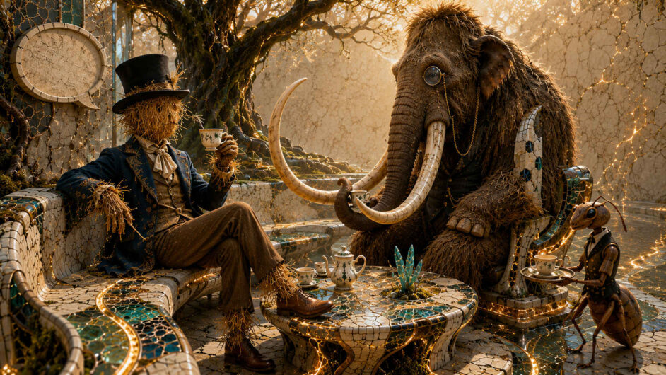 Ein elegant gekleideter Mann aus Stroh trinkt gemeinsam mit einem Mammut Tee an einem mosaikartigen Tisch. Das Mammut trägt ein Monokel und hält seine Tasse mit dem Rüssel. Eine aufrecht gehende Ameise im Anzug serviert weiteres Geschirr. Die ungewöhnliche Gesellschaft sitzt zwischen einem alten Baum und hellen, von goldenen Rissen durchzogenen Wänden.