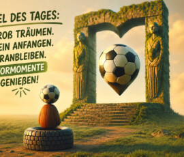 Vor einem alten, von zwei steinernen Figuren bewachten Tor schweben zwei Fußbälle in unterschiedlicher Größe. Der kleinere Ball ruht auf einer eigentümlichen Spielfigur, der große schwebt über den Stufen. Die menschenleere Landschaft liegt im warmen Licht eines tiefen Sonnenstands. Der Text lautet: „Ziel des Tages: Groß träumen. Klein anfangen. Dranbleiben. Tormomente genießen!“