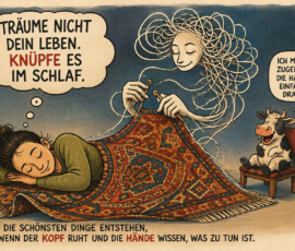 Eine Frau schläft friedlich unter einem reich gemusterten Teppich. Hinter ihr erscheint eine geisterhafte Gestalt, deren Haar aus endlosen Fäden besteht und die den Teppich während des Schlafs weiterstrickt. Eine Kuh sitzt daneben und bemerkt anerkennend: „Ich muss zugeben: Die hat’s einfach drauf!“ Die Texte lauten: „Träume nicht dein Leben. Knüpfe es im Schlaf.“ und „Die schönsten Dinge entstehen, wenn der Kopf ruht und die Hände wissen, was zu tun ist.“