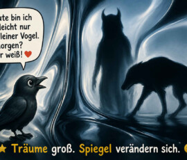 Ein kleiner schwarzer Vogel steht vor einer wellenförmig verzerrten Spiegelwand. In den Spiegelungen erscheinen statt seiner ein großer Wolf und eine geheimnisvolle gehörnte Gestalt. Der Vogel sagt: „Heute bin ich vielleicht nur ein kleiner Vogel. Morgen? Wer weiß!“ Unter der Szene steht: „Träume groß. Spiegel verändern sich.“