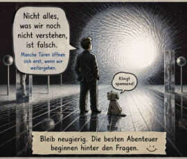 Ein Mann und sein Hund stehen in einer dunklen spiegelnden Halle vor einem hellen Wirbel, der an einen riesigen Fingerabdruck erinnert. Ringsum befinden sich rätselhafte Kugeln und durchsichtige Kästen mit menschlichen Gestalten. Der Hund kommentiert die Entdeckung mit: „Klingt spannend!“ Die Texte erklären: „Nicht alles, was wir noch nicht verstehen, ist falsch. Manche Türen öffnen sich erst, wenn wir weitergehen.“ und „Die besten Abenteuer beginnen hinter den Fragen.“