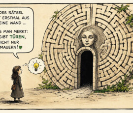 Ein Mädchen steht vor einer gewaltigen kreisförmigen Labyrinthwand, in deren Mitte ein steinernes Frauengesicht zu sehen ist. Unterhalb des Gesichts führt eine offene dunkle Tür in das Innere des Rätsels. Eine leuchtende Glühbirne in der Gedankenblase zeigt, dass das Mädchen eine Lösung erkannt hat. Der Bildtext lautet: „Jedes Rätsel sieht erstmal aus wie eine Wand … bis man merkt: Es gibt Türen, nicht nur Mauern!“