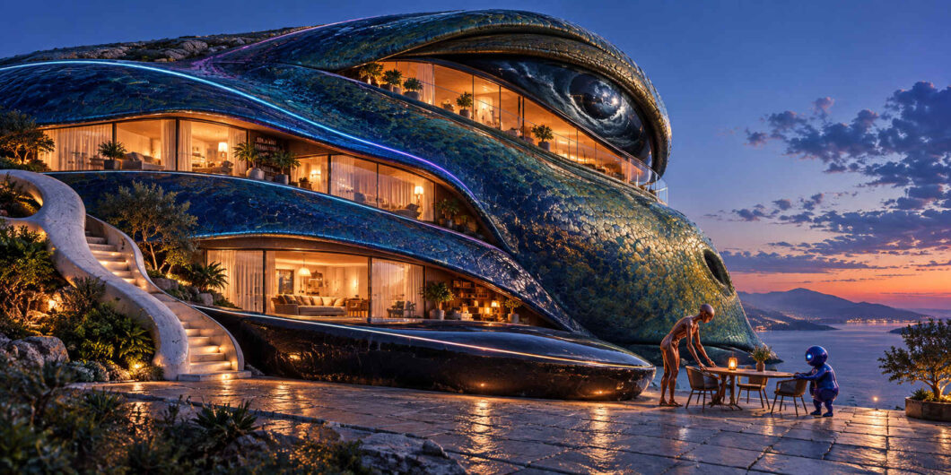 Futuristisches Wohngebäude in Form eines riesigen organischen Wesens mit dunkelblauer schuppenartiger Oberfläche und einem gewaltigen Auge. Mehrere geschwungene Etagen öffnen sich durch große Glasfronten zu warm beleuchteten Wohnräumen. Auf der Terrasse am Meer sitzen zwei kleine fremdartige Gestalten an einem Tisch. Eine beleuchtete Treppe führt zwischen Pflanzen und Felsen hinauf, während am Horizont die Abenddämmerung beginnt.