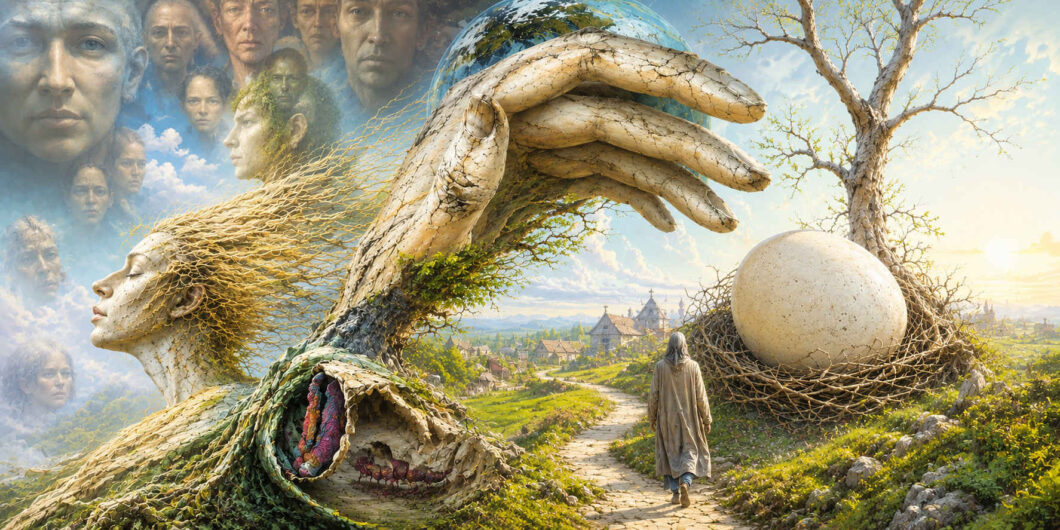 Eine monumentale weibliche Gestalt mit einem Körper aus Wurzeln und Blättern erhebt eine riesige Hand über eine helle Landschaft. Zahlreiche Gesichter erscheinen im Himmel hinter ihr. Eine verhüllte Person geht auf einem Weg zwischen der Gestalt und einem gewaltigen Ei im Nest entlang. Im Hintergrund liegt ein friedliches Dorf unter einer gläsernen Kuppel.