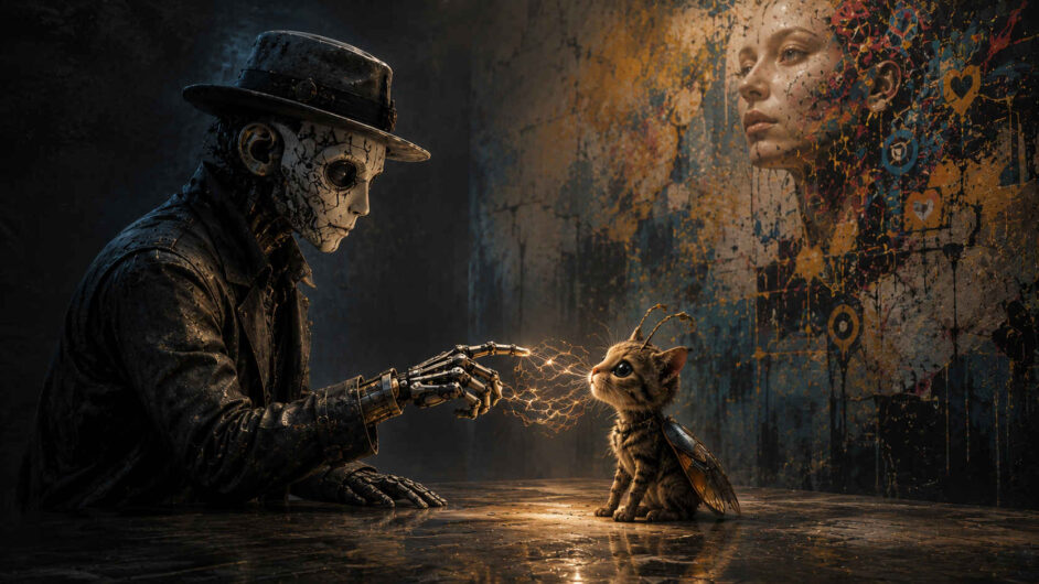 Ein schwarz gekleideter künstlicher Mensch mit Hut hält seine metallische Hand vor eine kleine Katze mit Insektenflügeln. Zwischen ihren Gesichtern entsteht ein feines Netz aus goldenem Licht. An der dunklen Wand hinter ihnen erscheint das große, teilweise von Farbspritzern aufgelöste Gesicht einer Frau. Die Begegnung wirkt vorsichtig, konzentriert und unerwartet zärtlich.