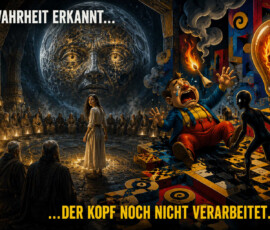 Eine Frau steht in einem düsteren Kreis von Menschen einer gewaltigen mondartigen Maske gegenüber. Daneben flieht eine groteske Comicfigur entsetzt vor einer schwarzen Gestalt und einer Glühbirne mit brennendem Totenschädel. Die beiden sehr unterschiedlichen Szenen sind zu einem surrealen Panorama verbunden. Der Text lautet: „Die Wahrheit erkannt … der Kopf noch nicht verarbeitet.“