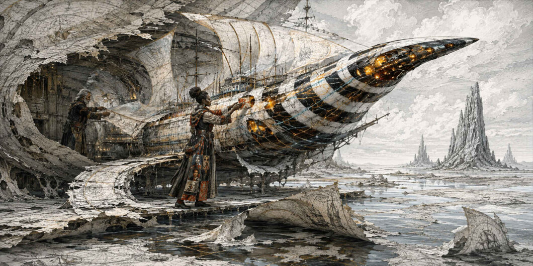 Zwei Menschen arbeiten an einem gewaltigen schwarz-weiß gestreiften Schiff, das in einer fein gezeichneten, papierartig zerfallenden Landschaft liegt. Eine Frau befestigt ein orangefarbenes Element an der spitzen, von innen goldglühenden Hülle; ein Mann spannt dahinter eine transparente Bahn. Segel, Masten und aufgerollte Kartenformen verschmelzen mit dem beschädigten Bauwerk.