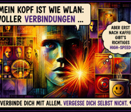 Ein großes menschliches Gesicht setzt sich aus farbenfrohen technischen Linien, Schaltflächen, Masken, Augen und geometrischen Strukturen zusammen. Vor dem Gesicht strahlt ein heller Lichtpunkt, während daneben eine dampfende Tasse mit einem lächelnden Gesicht steht. Die Texte lauten: „Mein Kopf ist wie WLAN: voller Verbindungen …“ und „Aber erst nach Kaffee gibt’s richtiges High-Speed!“ Darunter steht: „Verbinde dich mit allem. Vergesse dich selbst nicht.“